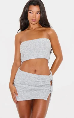 Online PrettyLittleThing Tinsel Knit Bow Detail Mini Skirt Silver