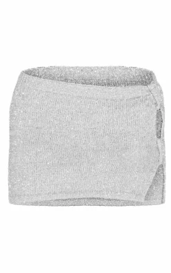 Online PrettyLittleThing Tinsel Knit Bow Detail Mini Skirt Silver