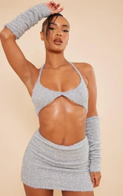 Outlet PrettyLittleThing Tinsel Knit Halterneck Bralet & Sleeves Silver