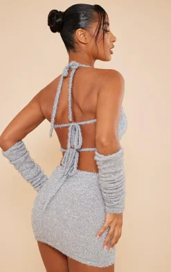 Outlet PrettyLittleThing Tinsel Knit Halterneck Bralet & Sleeves Silver