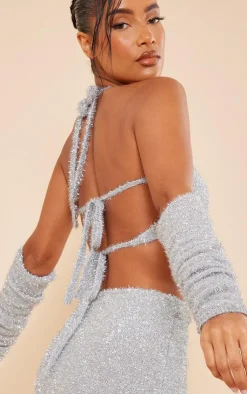 Outlet PrettyLittleThing Tinsel Knit Halterneck Bralet & Sleeves Silver