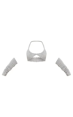 Outlet PrettyLittleThing Tinsel Knit Halterneck Bralet & Sleeves Silver