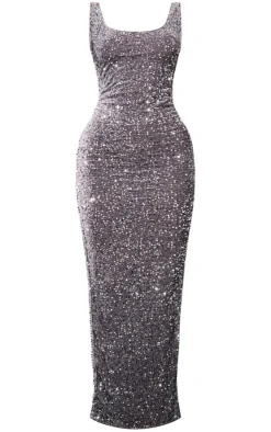 Velvet Sequin Embellished Scoop Back Maxi Dess-PrettyLittleThing