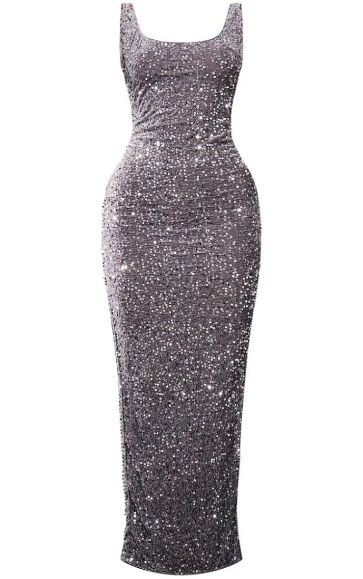 Velvet Sequin Embellished Scoop Back Maxi Dess-PrettyLittleThing