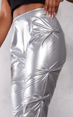 Silver Vinyl High Waist Ruched Flared Pants