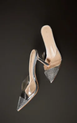 PrettyLittleThing Mules*Vinyl Point Toe Diamante Contrast High Heeled Court Mules
