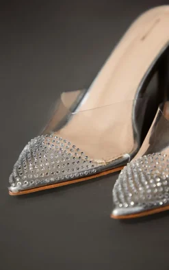 PrettyLittleThing Mules*Vinyl Point Toe Diamante Contrast High Heeled Court Mules