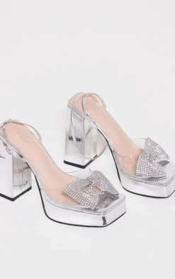 PrettyLittleThing Wide Fit Sandals*Wide Fit Diamante Bow Strap Platform High Heeled Sandals