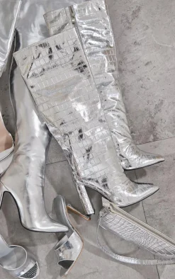 PrettyLittleThing Wide Fit Boots*Wide Fit Metallic Point Toe Croc Block High Heeled Knee Boots