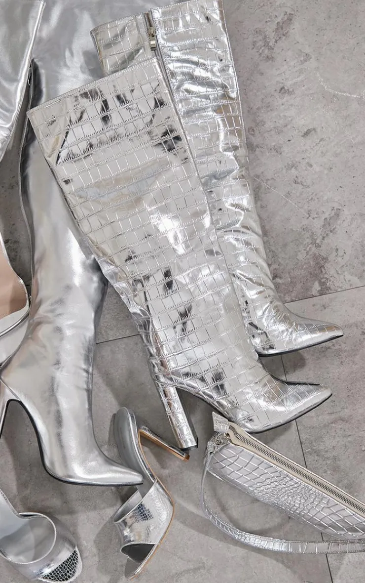 PrettyLittleThing Wide Fit Boots*Wide Fit Metallic Point Toe Croc Block High Heeled Knee Boots