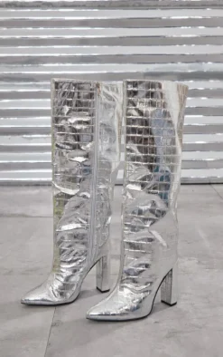PrettyLittleThing Wide Fit Boots*Wide Fit Metallic Point Toe Croc Block High Heeled Knee Boots