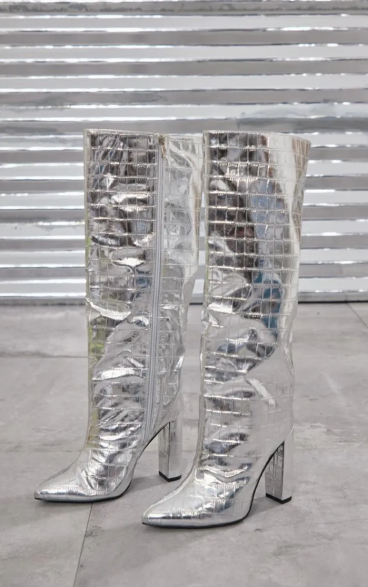 PrettyLittleThing Wide Fit Boots*Wide Fit Metallic Point Toe Croc Block High Heeled Knee Boots