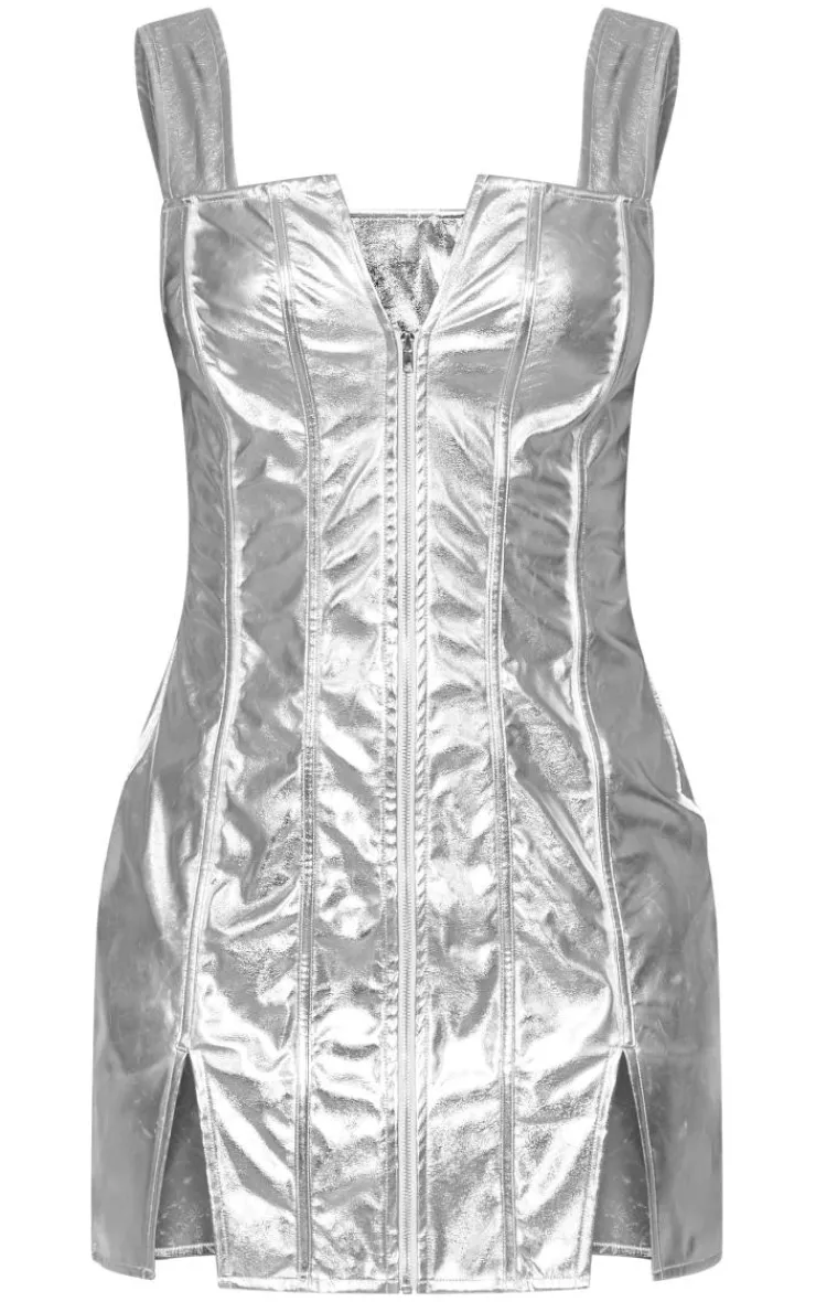 Zip Front Metallic Sleeveless Shift Dress-PrettyLittleThing Discount