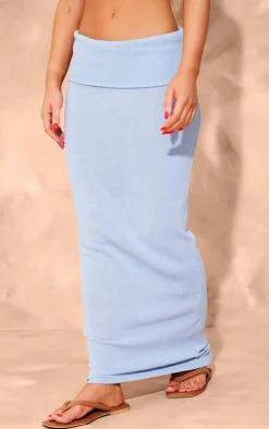 Online PrettyLittleThing Knitted Foldover Waistband Low Rise Maxi Skirt Sky Blue