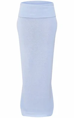 Online PrettyLittleThing Knitted Foldover Waistband Low Rise Maxi Skirt Sky Blue