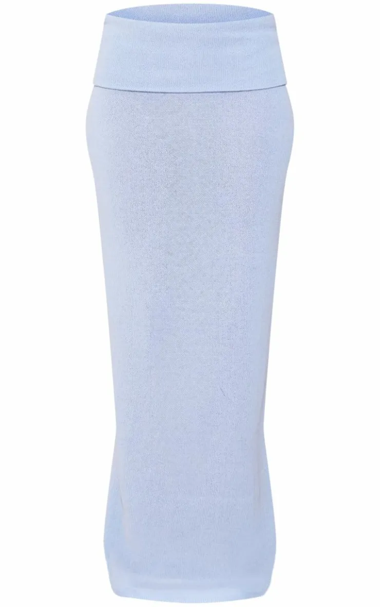 Online PrettyLittleThing Knitted Foldover Waistband Low Rise Maxi Skirt Sky Blue