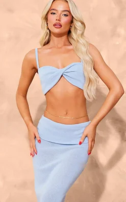 Best PrettyLittleThing Knitted Twist Cami Crop Top Sky Blue