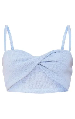 Best PrettyLittleThing Knitted Twist Cami Crop Top Sky Blue