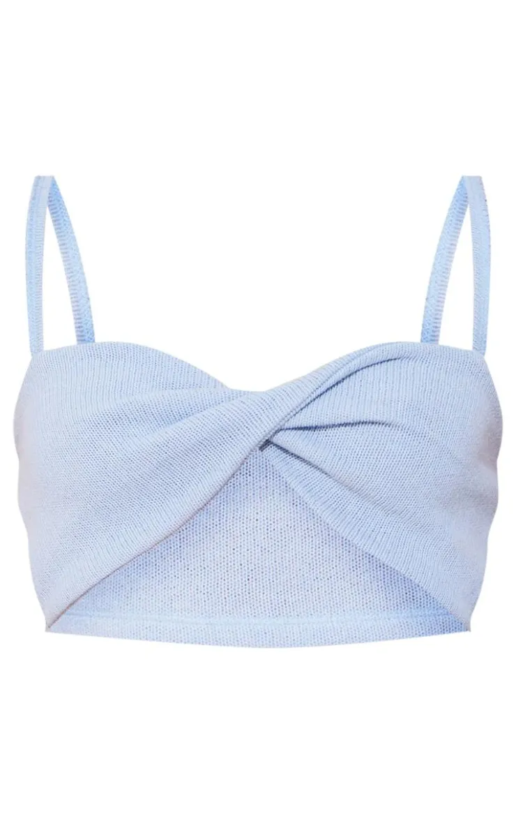 Best PrettyLittleThing Knitted Twist Cami Crop Top Sky Blue