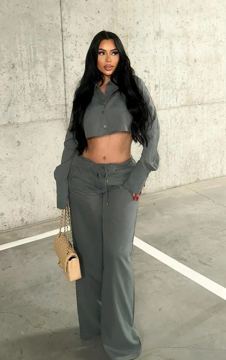 Clearance PrettyLittleThing Oversized Drawstring Straight Leg Pants Slate Grey