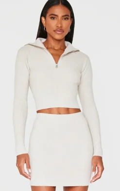 PrettyLittleThing Knitted Two Piece Sets*Soft Knit Zip Up Roll Neck Cropped Sweater