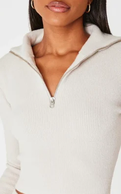 PrettyLittleThing Knitted Two Piece Sets*Soft Knit Zip Up Roll Neck Cropped Sweater