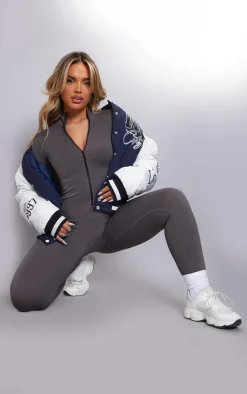 PrettyLittleThing Snatched*Grey Structured Snatched Rib Zip Jumpsuit