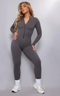 PrettyLittleThing Snatched*Grey Structured Snatched Rib Zip Jumpsuit