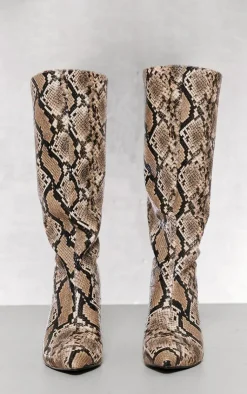 PrettyLittleThing Low Heels*Croc Pu Point Toe Low Heeled Knee Boots