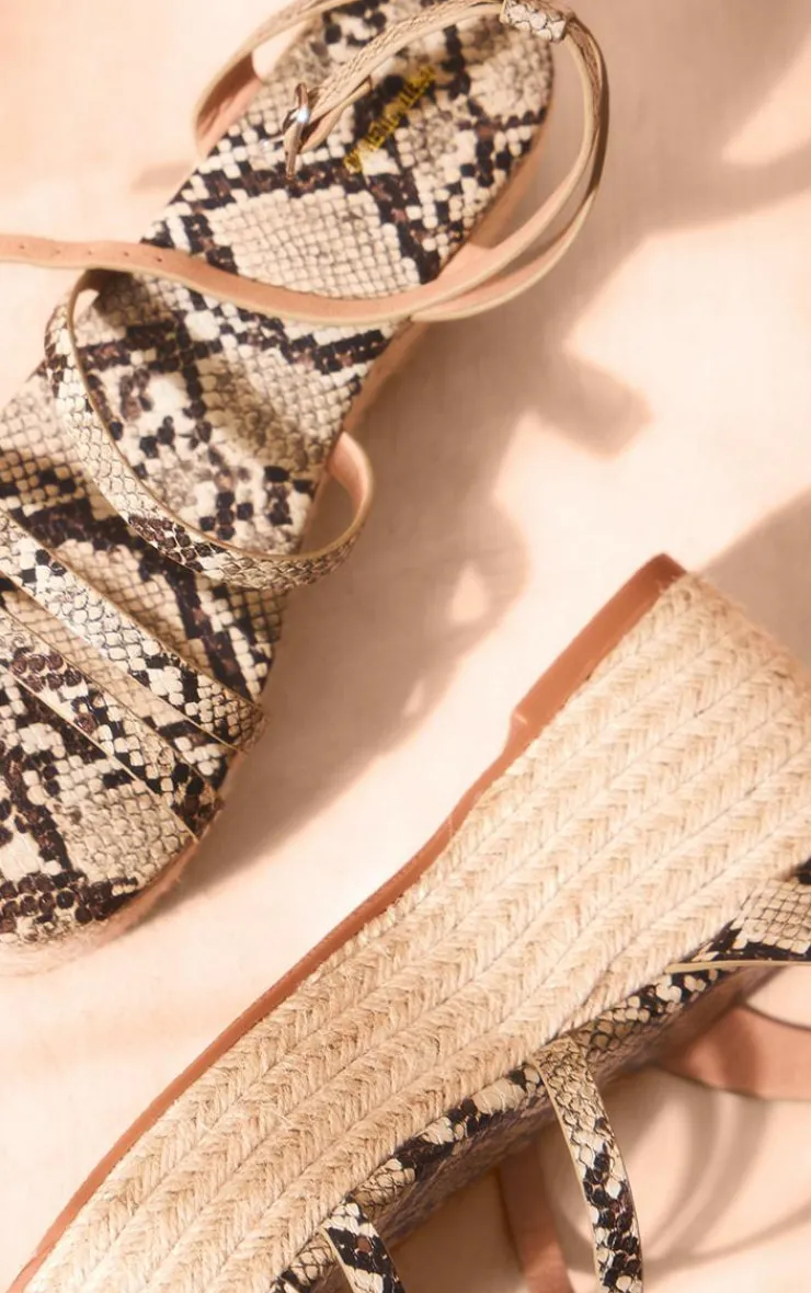 PrettyLittleThing Flatform Sandals*Snake Print PU Round Toe Espadrille Wedge Heeled Sandals