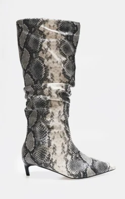 PrettyLittleThing Wide Fit Boots*Snake Print PU Wide Fit Gathered Low Heel Knee High Boots