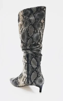 PrettyLittleThing Wide Fit Boots*Snake Print PU Wide Fit Gathered Low Heel Knee High Boots