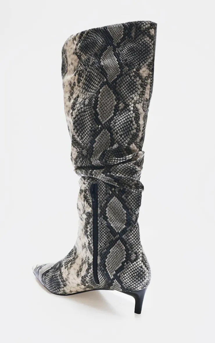 PrettyLittleThing Wide Fit Boots*Snake Print PU Wide Fit Gathered Low Heel Knee High Boots