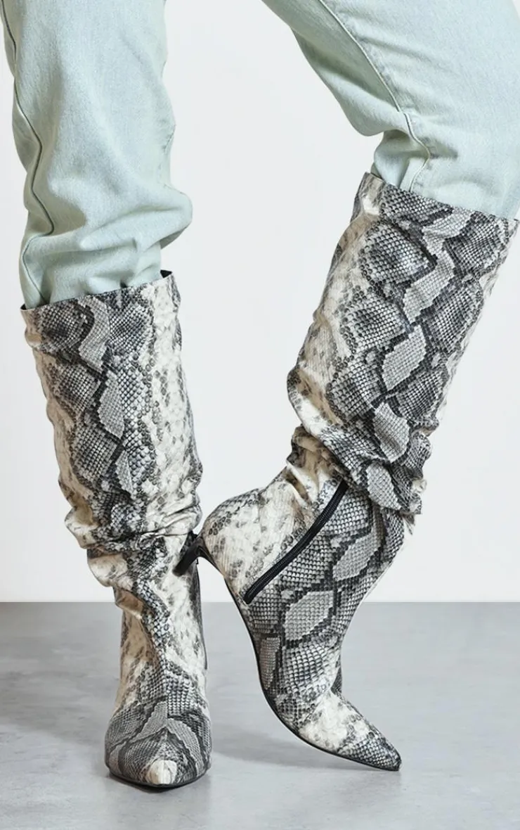 PrettyLittleThing Wide Fit Boots*Snake Print PU Wide Fit Gathered Low Heel Knee High Boots