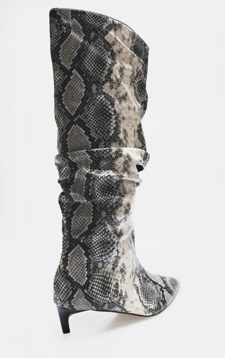 PrettyLittleThing Wide Fit Boots*Snake Print PU Wide Fit Gathered Low Heel Knee High Boots