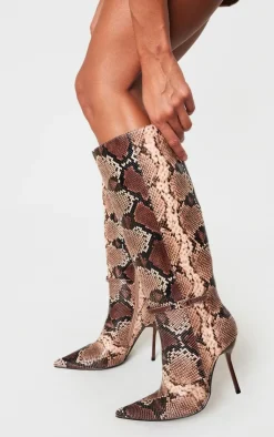 PrettyLittleThing Knee High Boots*Snake PU Point Toe Knee High Stiletto Heeled Boots