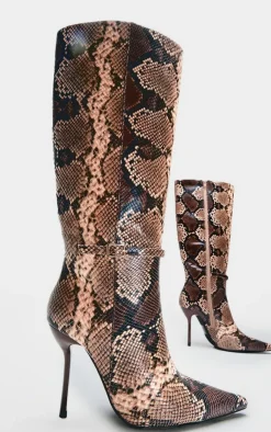PrettyLittleThing Knee High Boots*Snake PU Point Toe Knee High Stiletto Heeled Boots