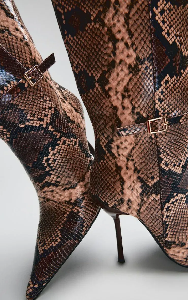 PrettyLittleThing Knee High Boots*Snake PU Point Toe Knee High Stiletto Heeled Boots