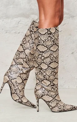 PrettyLittleThing Statement Heels*Snake PU Point Toe Stiletto Knee High Heeled Boots