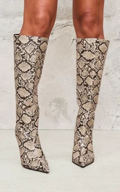 PrettyLittleThing Statement Heels*Snake PU Point Toe Stiletto Knee High Heeled Boots