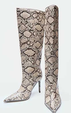 PrettyLittleThing Statement Heels*Snake PU Point Toe Stiletto Knee High Heeled Boots