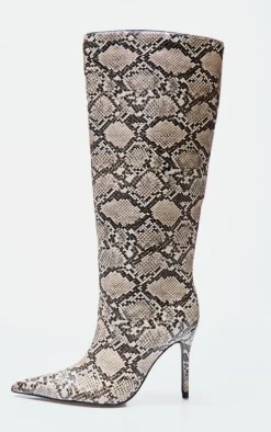PrettyLittleThing Statement Heels*Snake PU Point Toe Stiletto Knee High Heeled Boots
