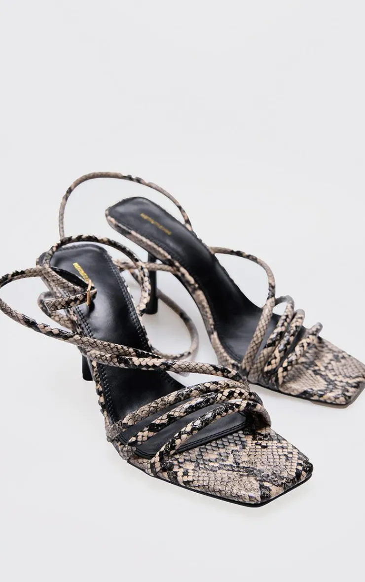 PrettyLittleThing Heeled Sandals*Snake PU Square Toe Asymmetric Tube Strap Heeled Sandal