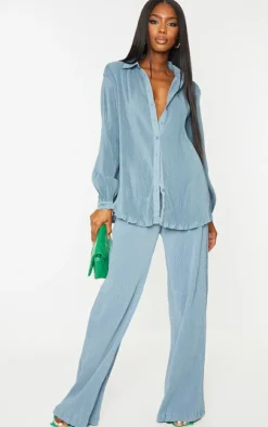 PrettyLittleThing Plisse High Waisted Wide Leg Pants Steel Blue