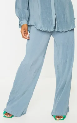 PrettyLittleThing Plisse High Waisted Wide Leg Pants Steel Blue