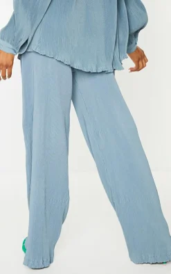 PrettyLittleThing Plisse High Waisted Wide Leg Pants Steel Blue