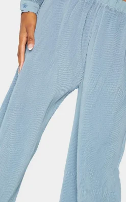 PrettyLittleThing Plisse High Waisted Wide Leg Pants Steel Blue