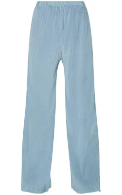 PrettyLittleThing Plisse High Waisted Wide Leg Pants Steel Blue