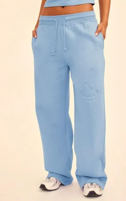 Discount PrettyLittleThing Smile Embossed Wide Leg Sweatpants Steel Blue