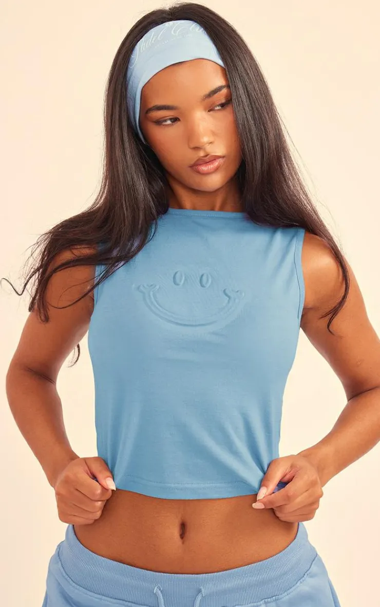 Sale PrettyLittleThing Smile Embossed Racer Longline Top Steel Blue
